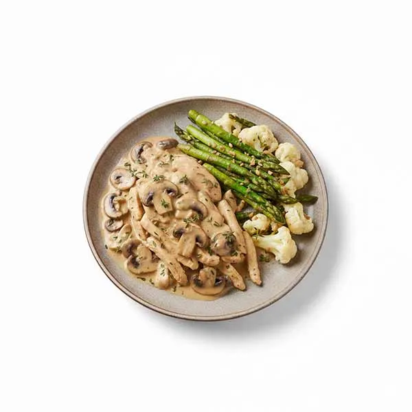 Creamy Mushroom Chicken With Oven Baked Cauliflower & Asparagus